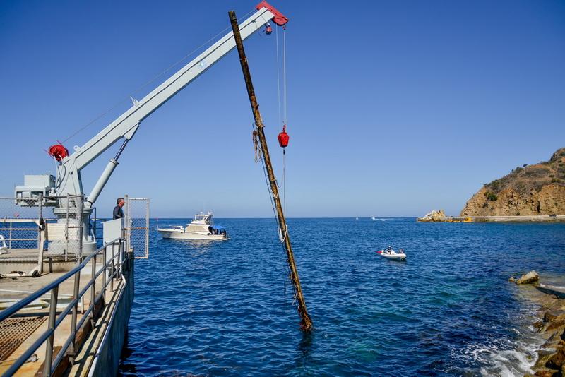Marine debris from sunken boat being lifted by crane