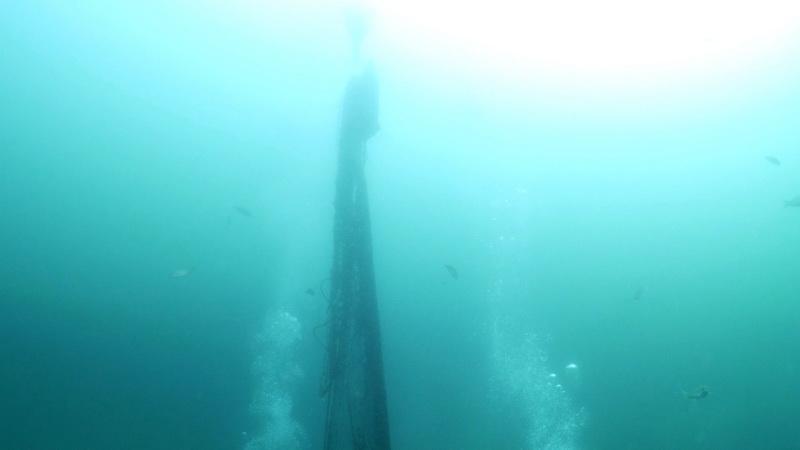 Abandoned squid net is sent to the surface for proper removal.