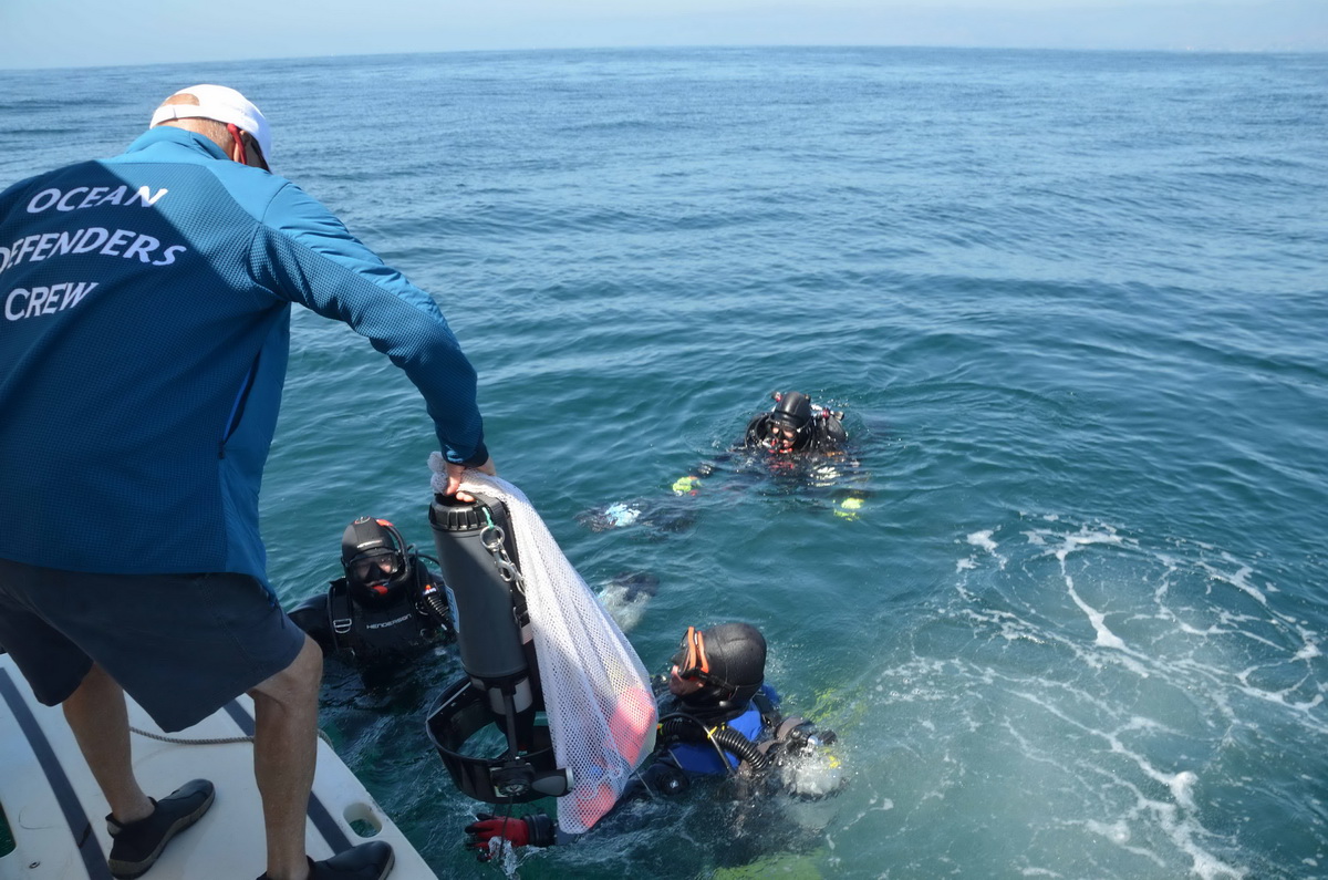 Volunteer conservation divers looking for ghost gear
