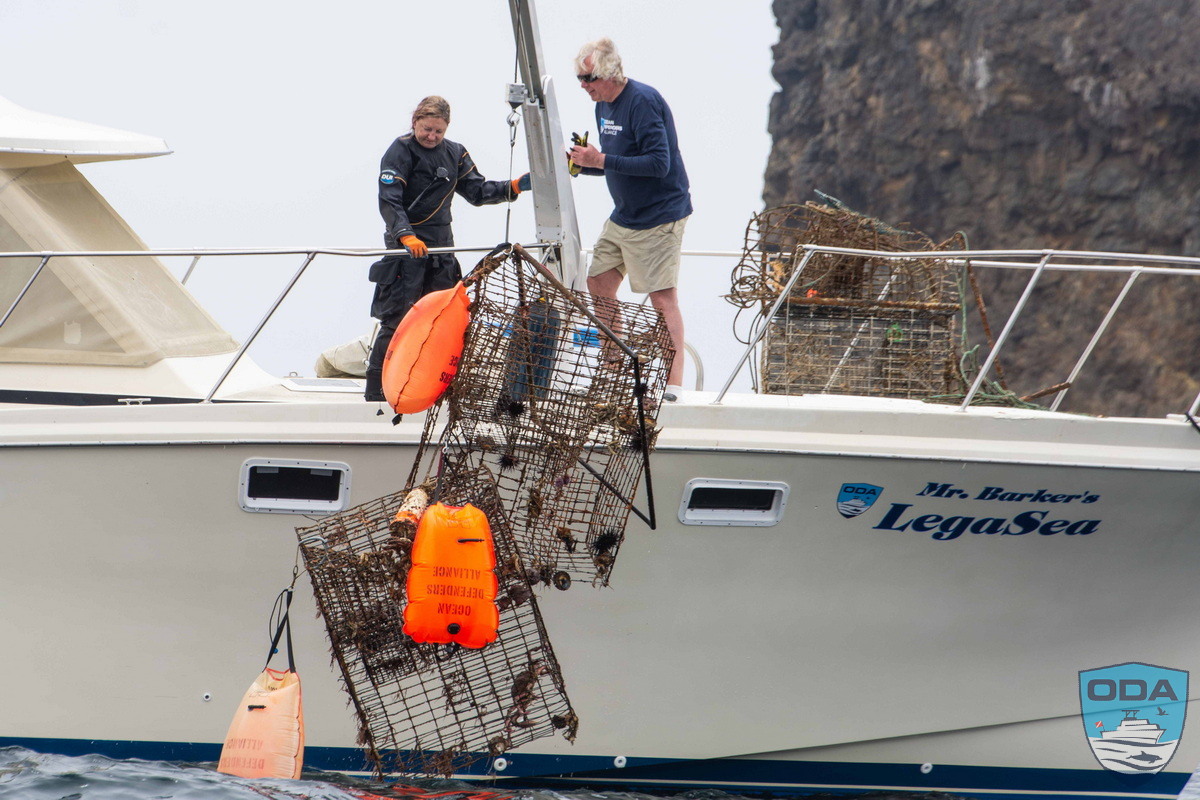Two traps being hauled onto the vessel on one time.