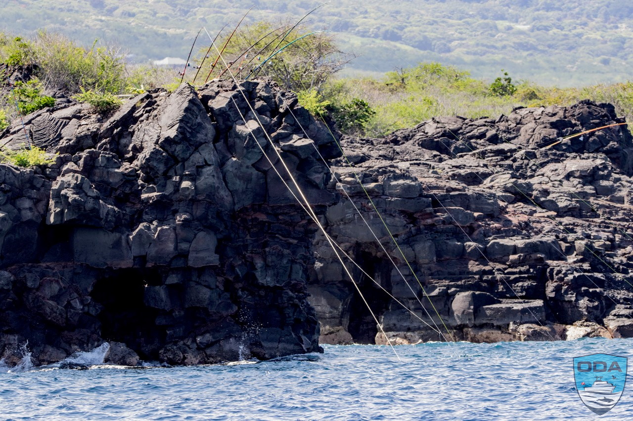 Recreational fishing poles with lines extending down cliff into water