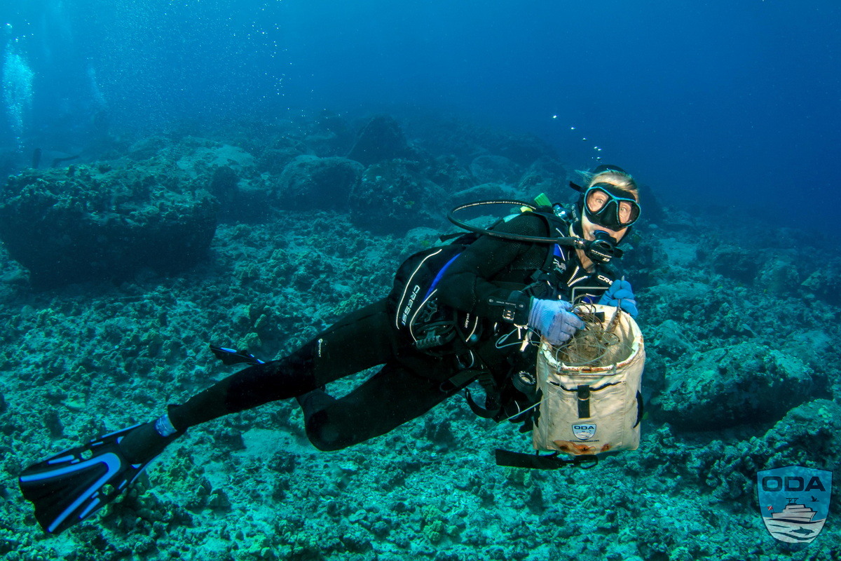 Diver removing collecting derelict fishing lines for removal.