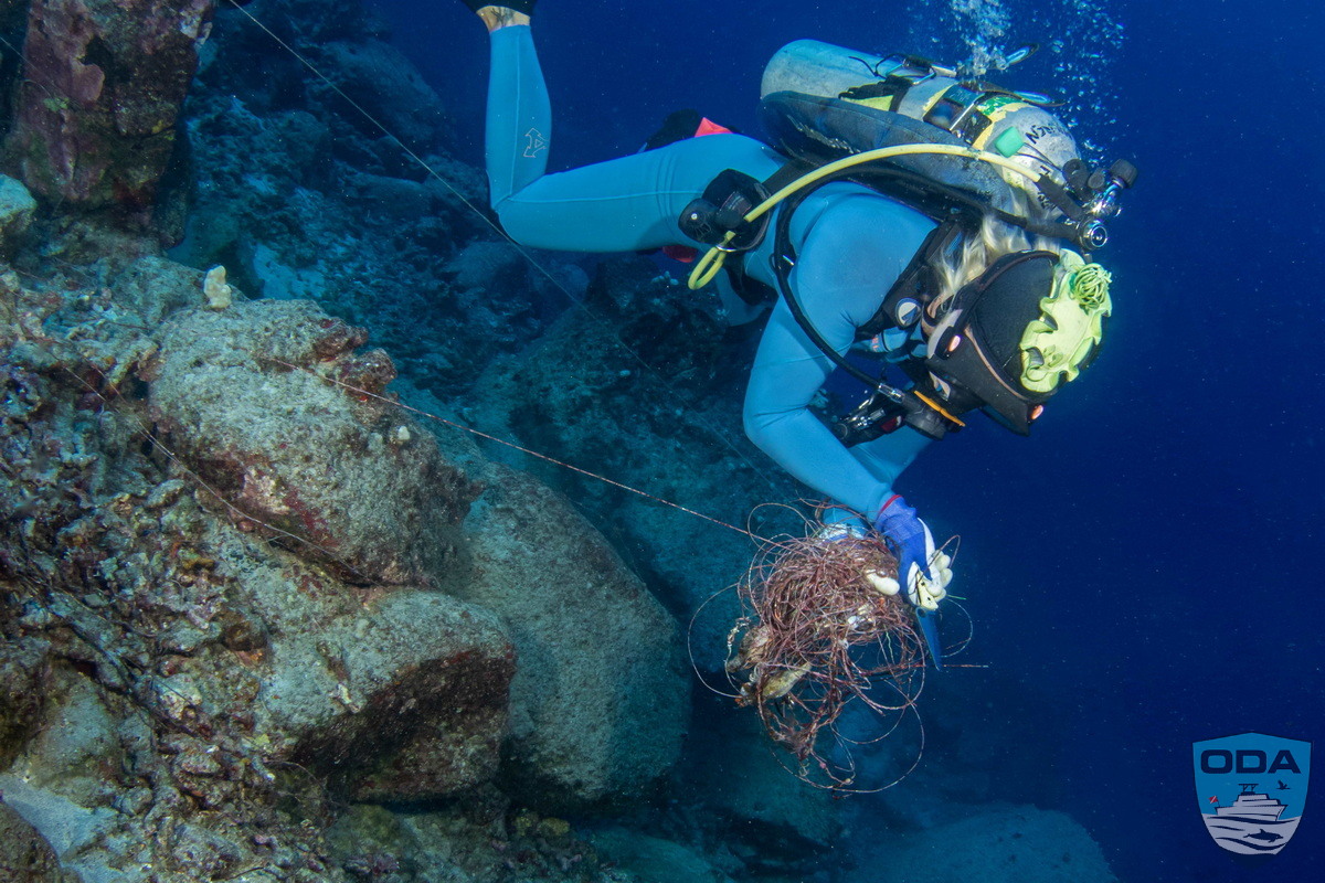 ODA SCUBA divers carefully disentangle ghost fishing line and remove it from the marine habitat.